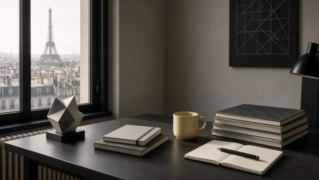 Atelier éditorial parisien, bureau près d’une fenêtre, sans personnes